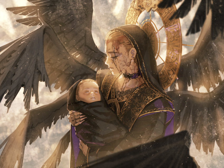 2girls, baby, baby_carry, black_choker, black_robe, black_veil, black_wings, brown_hair, carrying, choker, closed_eyes, closed_mouth, commentary, earrings, ema3, facing_another, facing_down, facing_up, feathered_wings, fingernails, gold_trim, halo_behind_head, highres, holding_baby, jewelry, long_fingernails, long_sleeves, mother_miranda, multiple_girls, profile, resident_evil, resident_evil_village, robe, rosemary_winters, sharp_fingernails, short_hair, stud_earrings, upper_body, veil, veins, wings