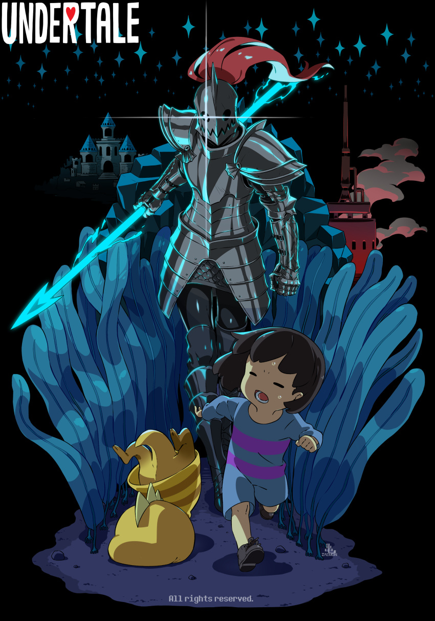 1girl, 1other, =_=, absurdres, androgynous, armor, black_background, black_hair