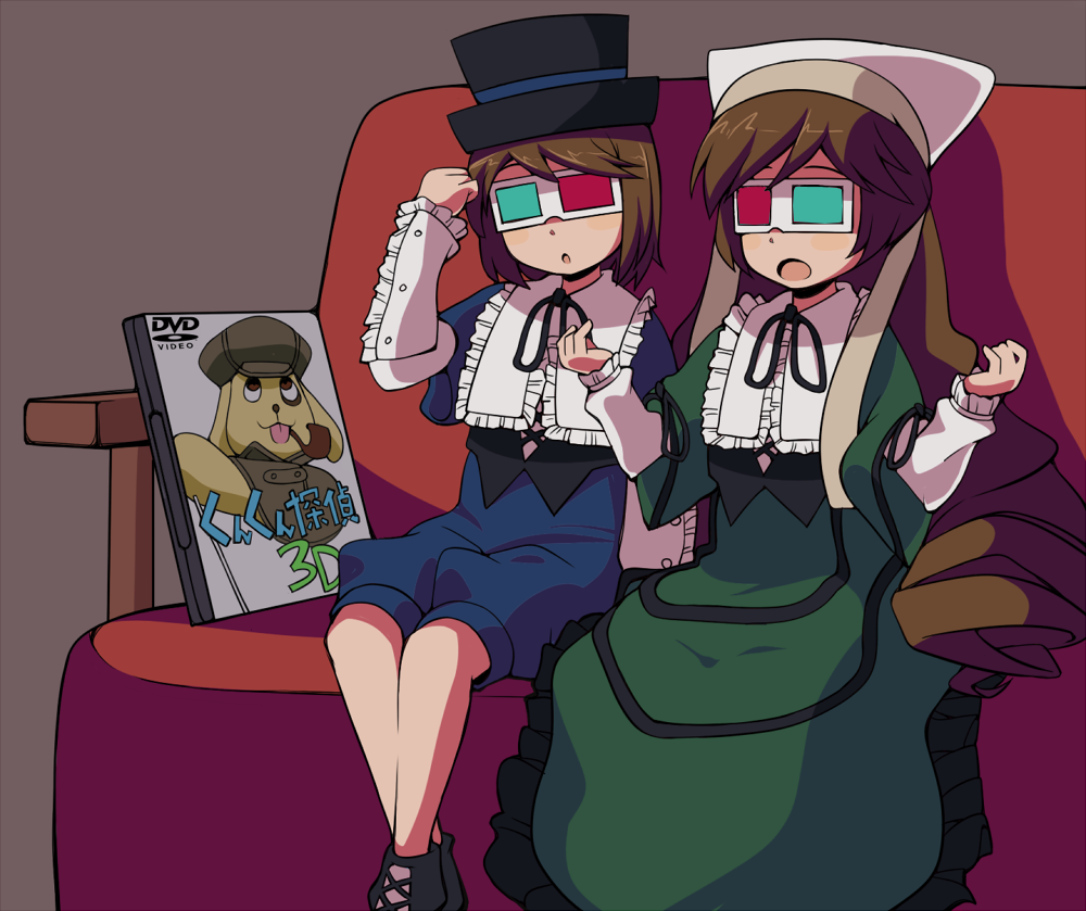 brown_hair, couch, dog, doll, dvd, dvd_(object), gothic_lolita, haiteku