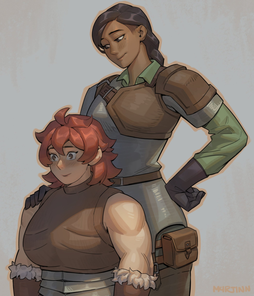 2girls, arm_guards, armor, belt, black_gloves, black_hair, collared_shirt, dark-skinned_female