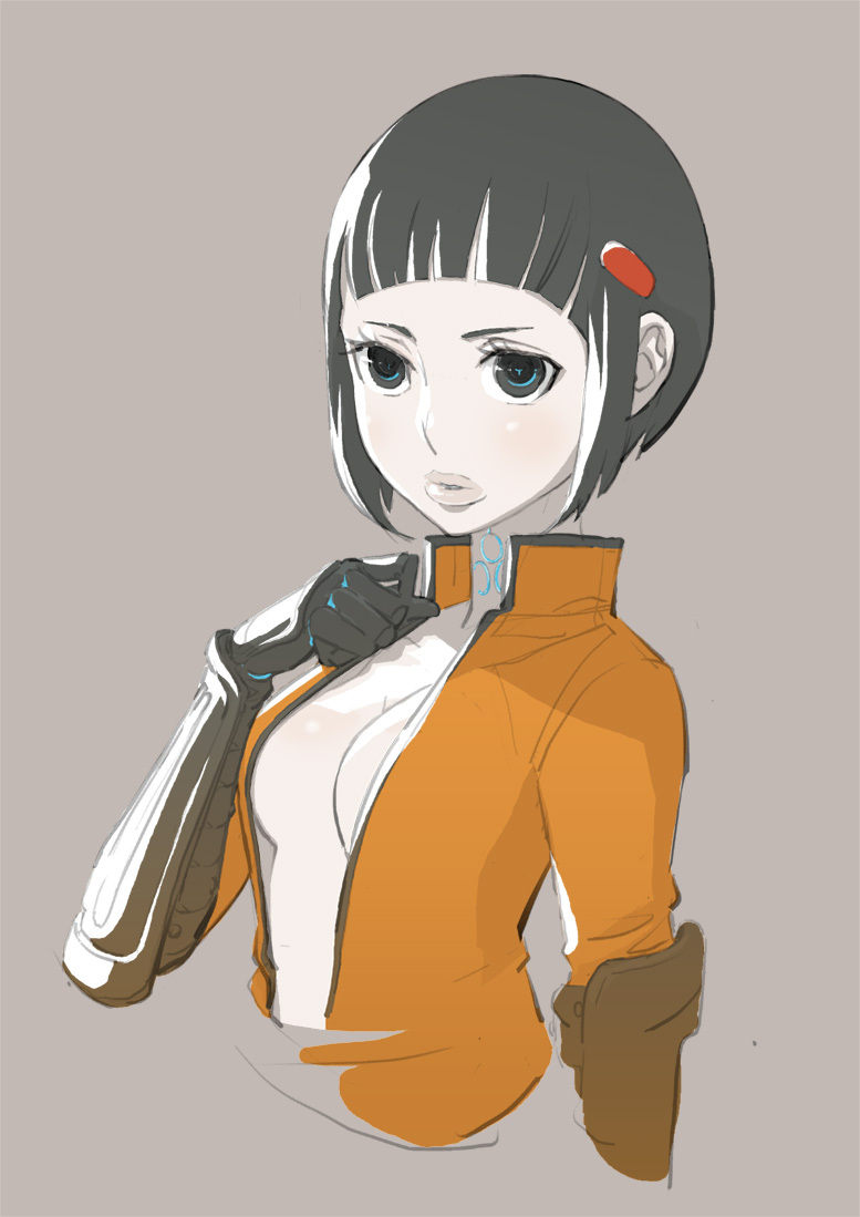 absolute_cleavage, black_hair, bob, bob_cut, breasts, center_opening, cleavage, gloves, grey_eyes, lips, original, simple_background, solo, suehiro