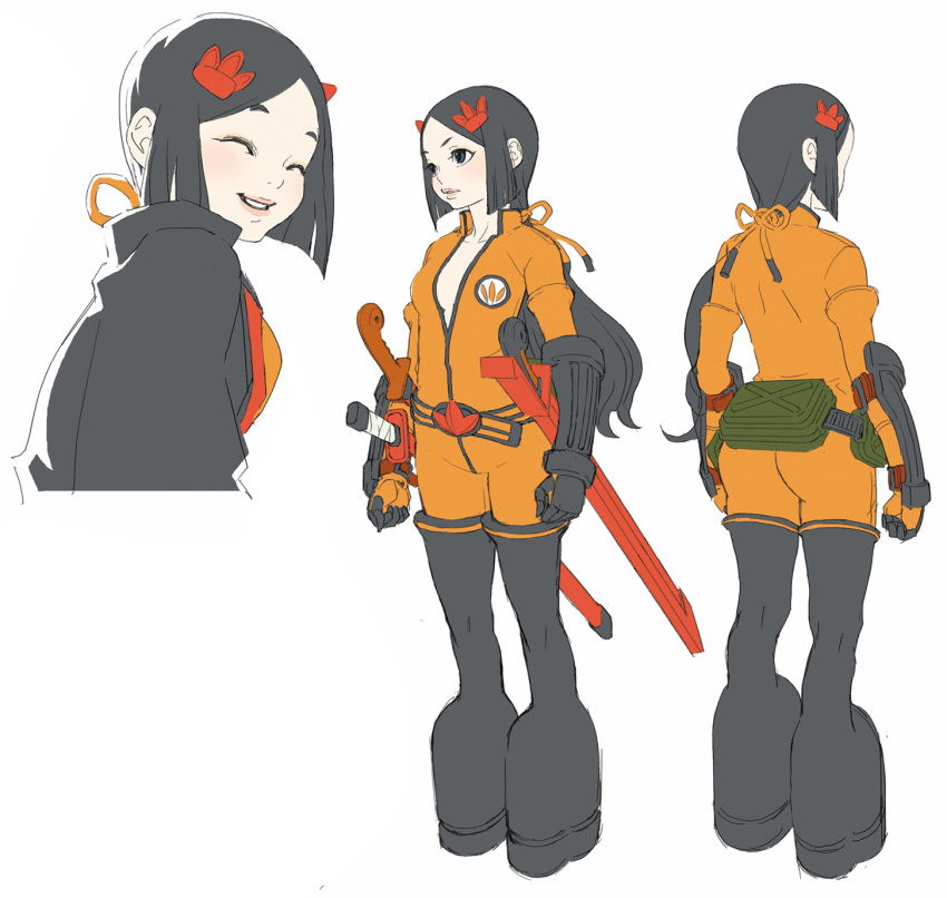 black_hair, boots, character_sheet, gloves, highres, original, ponytail, smile