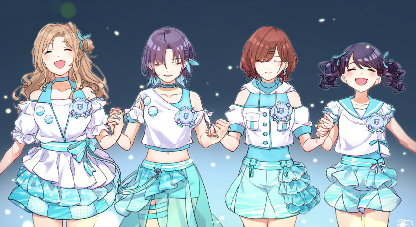 ^_^, asakura_toru, blue_hair, blush, brown_hair, clear_marine_calm_(idolmaster), closed_eyes, collarbone