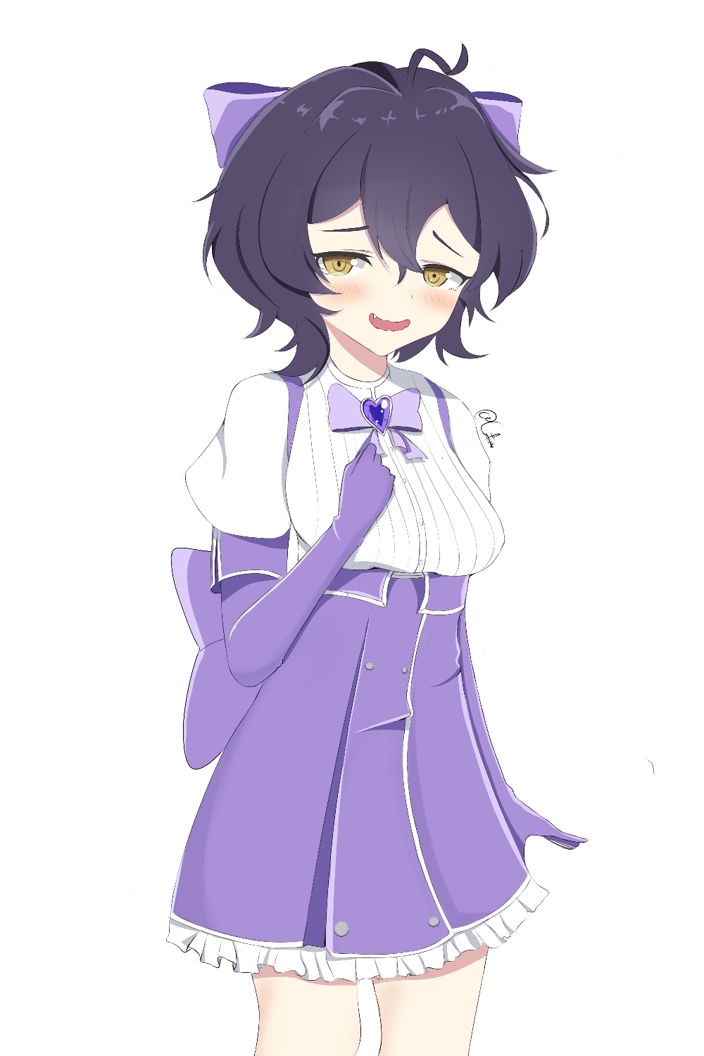 1girl, bow, cyatsj, elbow_gloves, fold-over_gloves, gloves, hair_bow, high-waist_skirt, highres, hiiragi_utena, mahou_shoujo_ni_akogarete, purple_bow, purple_gloves, purple_hair, purple_skirt, shirt, shirt_tucked_in, short_hair, simple_background, skirt, solo, white_background, white_shirt, yellow_eyes