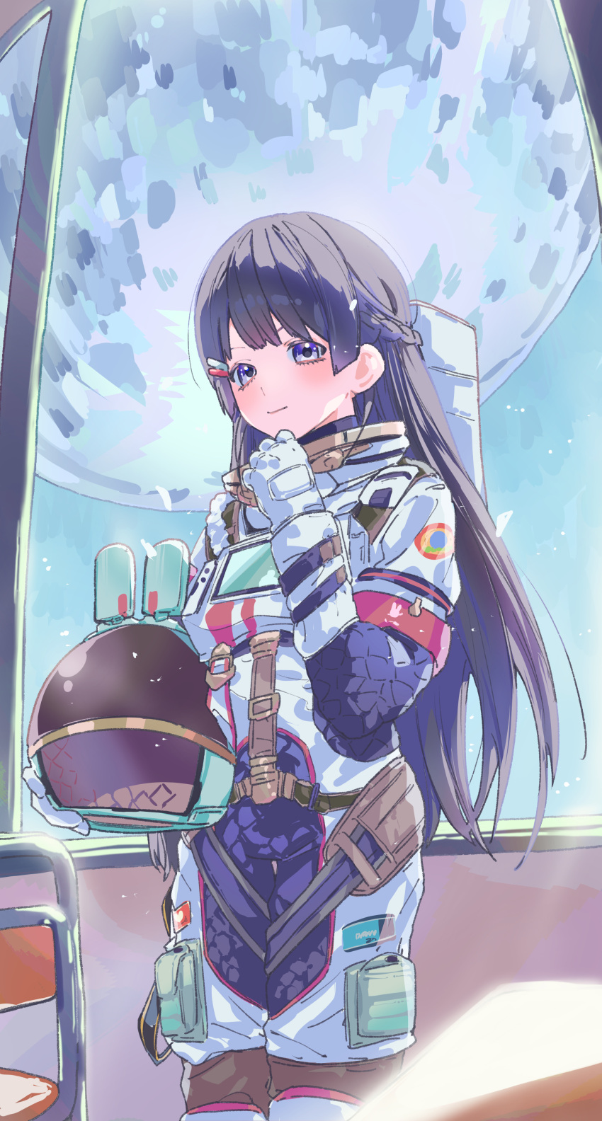 1girl, absurdres, armband, astronaut, braid, chair, gloves, hair_ornament