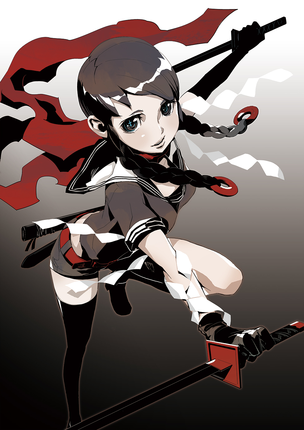 boots, braid, brown_hair, gloves, highres, hot_pants, original, scarf