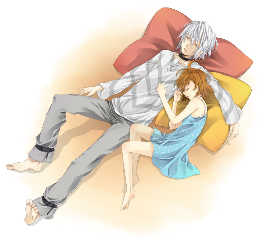 ahoge, bad_feet, barefoot, brown_hair, dress, jewelry, last_order, meso_(goma-meso)