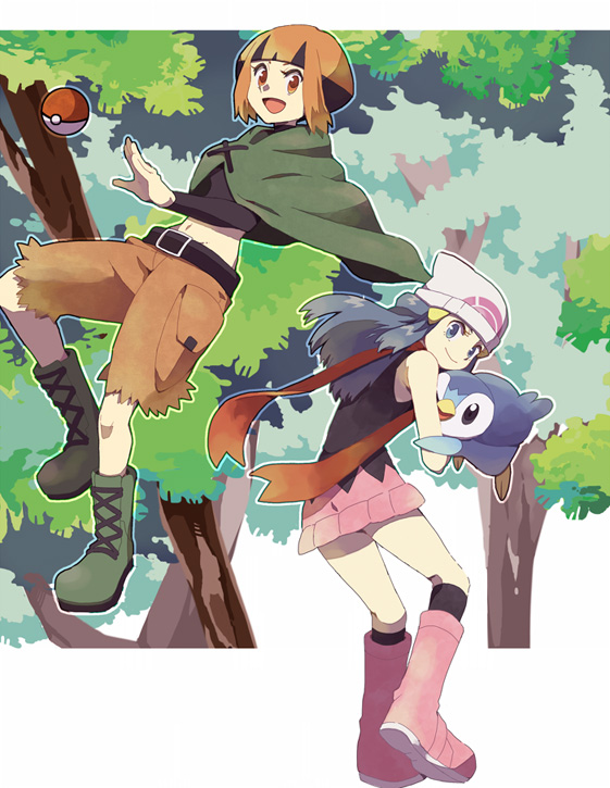 2girls, boots, hat, headband, hikari_(pokemon), mizuki_(31ten), multiple_girls, natane_(pokemon), piplup, poke_ball, pokemon, pokemon_(creature), pokemon_(game), pokemon_dppt, scarf, tree