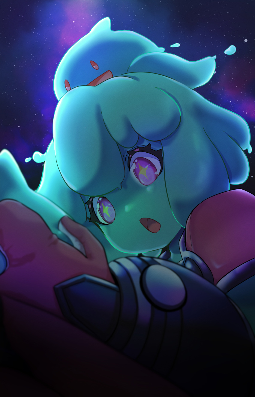 +_+, 1girl, :o, aqua_hair, aqua_skin, armor, bodysuit, colored_skin