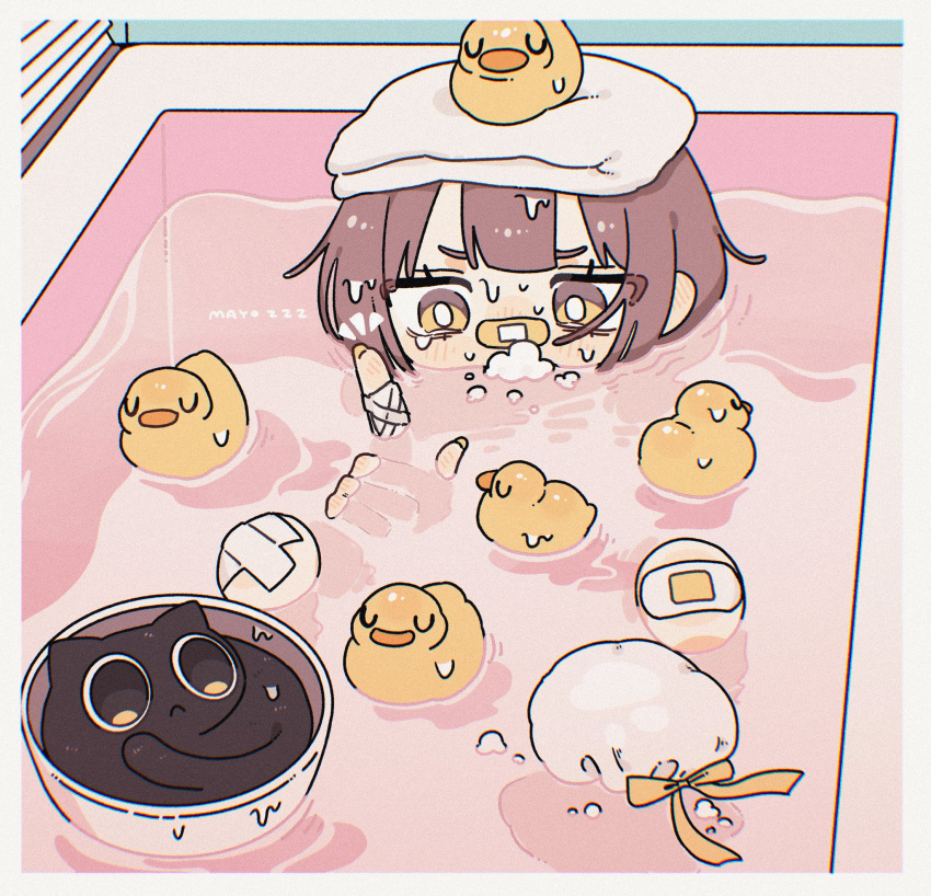 1girl, bandaid, bandaid_on_face, bandaid_on_knee, bandaid_on_leg, bandaid_on_nose, bathing, bathtub, black_cat, blunt_bangs, blush, brown_hair, cat, commentary_request, crossed_bandaids, furrowed_brow, gauze_on_hand, hand_up, highres, index_finger_raised, indoors, knees_up, looking_ahead, mayoi_zzz, mouth_under_water, notice_lines, original, partially_submerged, pink_water, ripples, rubber_duck, sitting, solo, tearing_up, towel, towel_on_head, twitter_username, wet, wet_face, wet_hair, yellow_eyes, yellow_nails
