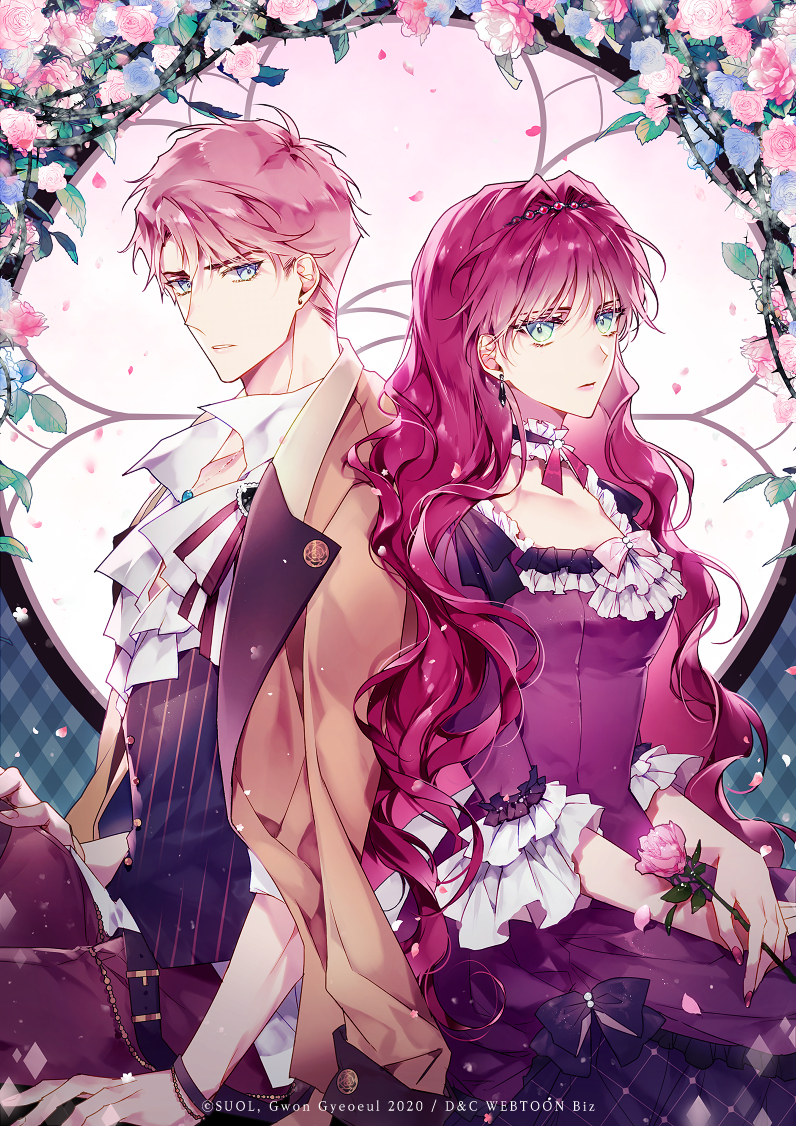 1boy, 1girl, agyeogui_endingeun_jugeumppun, back-to-back, blue_eyes, blue_flower, bracelet, choker