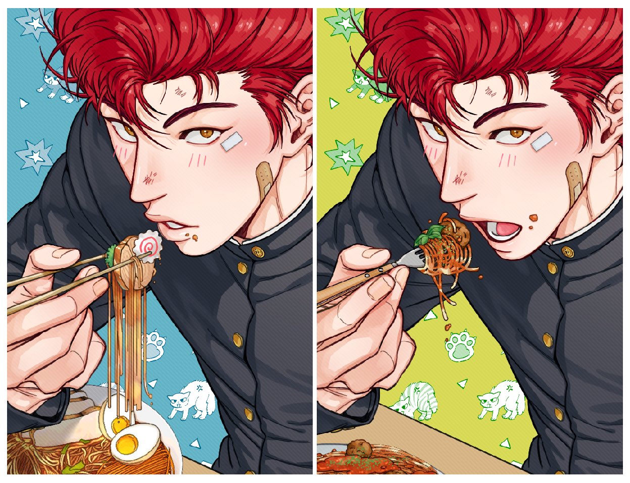 168broccoli, 1boy, bandaid, bandaid_on_cheek, bandaid_on_face, blush, chopsticks, close-up, dirty, dirty_face, eating, food, fork, gakuran, holding, holding_chopsticks, holding_fork, looking_at_viewer, male_focus, multiple_views, noodles, open_mouth, pompadour, portrait, raised_eyebrows, redhead, sakuragi_hanamichi, school_uniform, short_hair, slam_dunk_(series)