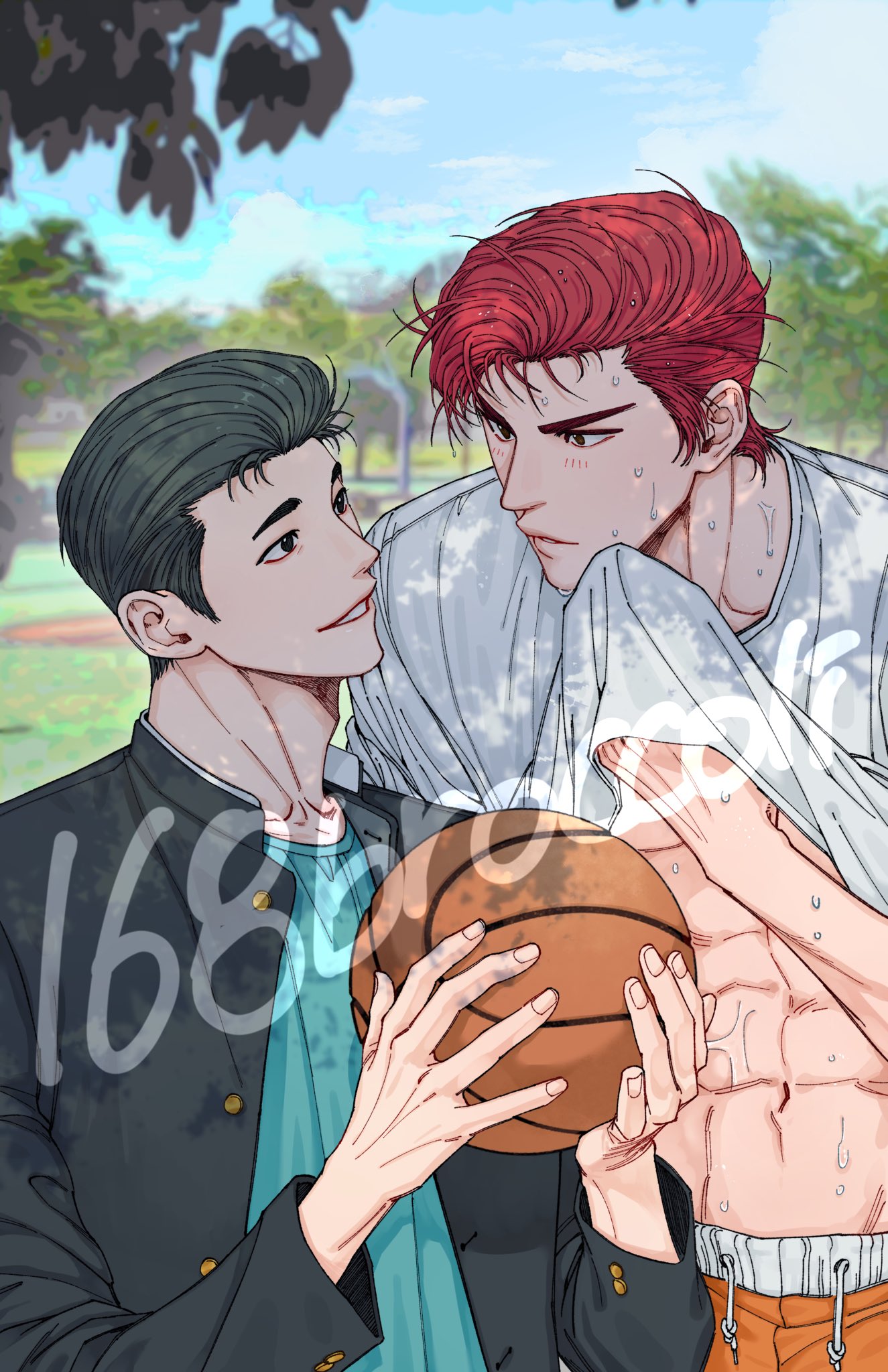 168broccoli, 2boys, abs, ball, basketball_(object), black_hair, clothes_lift, dappled_sunlight