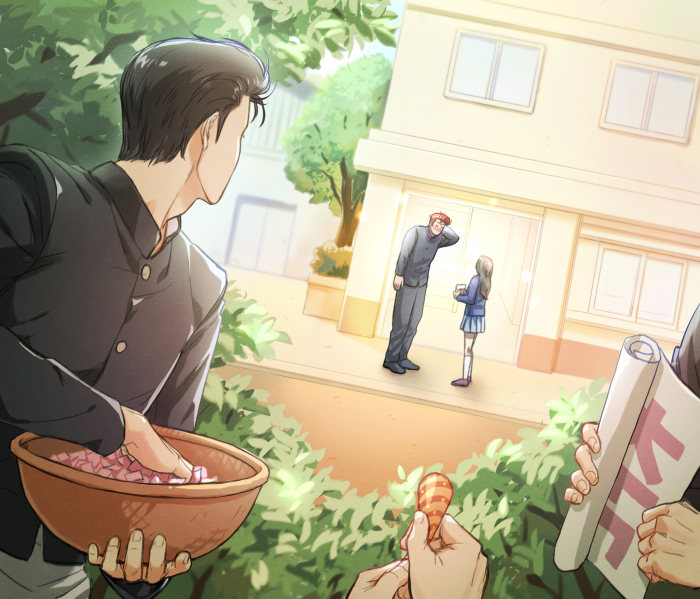 1girl, 2boys, 2others, back, black_hair, blush, bowl, building