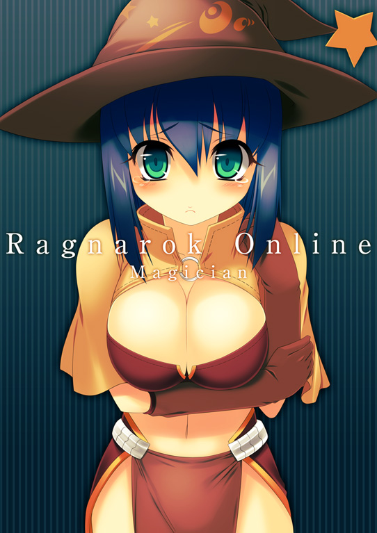 breasts, cleavage, green_eyes, hat, kinoshita_ichi, large_breasts, mage_(ragnarok_online), navel
