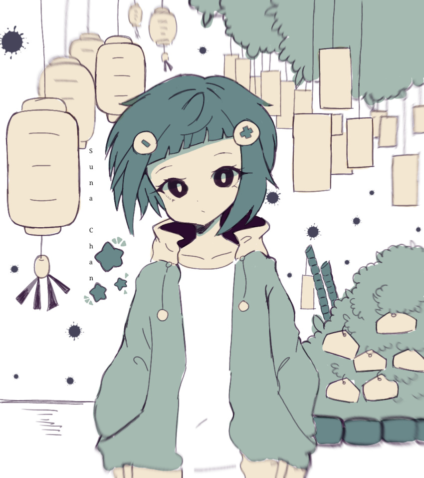 1girl, artist_name, black_eyes, blue_hair, blue_jacket, blue_sleeves, blue_theme, blunt_bangs