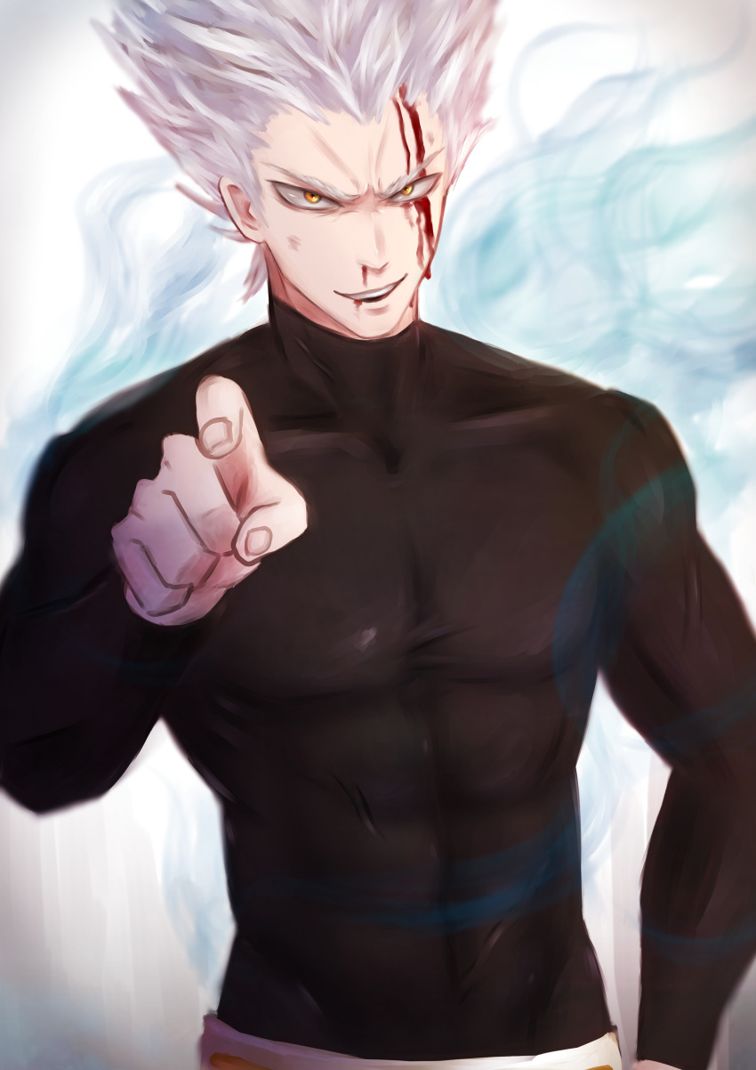 1boy, abs, absurdres, black_shirt, blood, blood_on_face, commentary_request, garou_(one-punch_man)