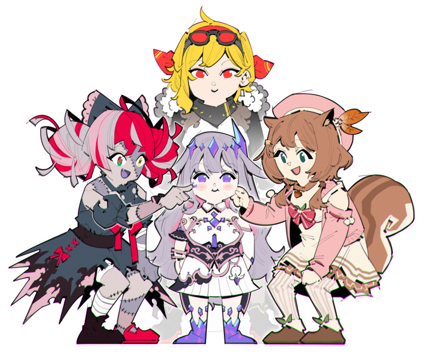 4girls, absurdres, ahoge, animal_ears, ayunda_risu, ayunda_risu_(1st_costume), beret, blonde_hair, blush, bow, brown_hair, cheek_pinching, cheek_poking, chest_jewel, circlet, colored_inner_hair, colored_skin, detached_collar, double_bun, dress, earrings, eyewear_on_head, green_eyes, grey_hair, grey_skin, hair_bow, hair_bun, hair_ornament, hat, heterochromia, highres, hololive, hololive_english, hololive_indonesia, jewel_under_eye, jewelry, kaela_kovalskia, kaela_kovalskia_(1st_costume), kinoiyy, koseki_bijou, koseki_bijou_(1st_costume), kureiji_ollie, kureiji_ollie_(1st_costume), long_hair, medium_hair, multicolored_hair, multicolored_skin, multiple_girls, open_mouth, patchwork_skin, pinching, pink_headwear, poking, purple_hair, red-tinted_eyewear, red_eyes, redhead, simple_background, smile, squirrel_ears, squirrel_girl, squirrel_tail, stitched_face, stitches, sunglasses, tail, tinted_eyewear, torn_clothes, very_long_hair, violet_eyes, virtual_youtuber, white_background, white_dress, yellow_eyes, zombie