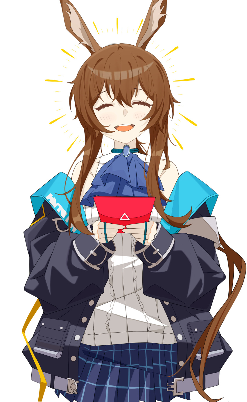 1girl, ^_^, absurdres, amiya_(arknights), animal_ears, arknights, ascot, black_jacket, blue_ascot, blue_skirt, blush, brown_hair, chinese_commentary, closed_eyes, commentary_request, cowboy_shot, dusk_ming, facing_viewer, highres, holding, holding_paper, jacket, long_hair, long_sleeves, off_shoulder, open_clothes, open_jacket, open_mouth, paper, plaid, plaid_skirt, pleated_skirt, shirt, sidelocks, simple_background, skirt, solo, straight-on, white_background, white_shirt