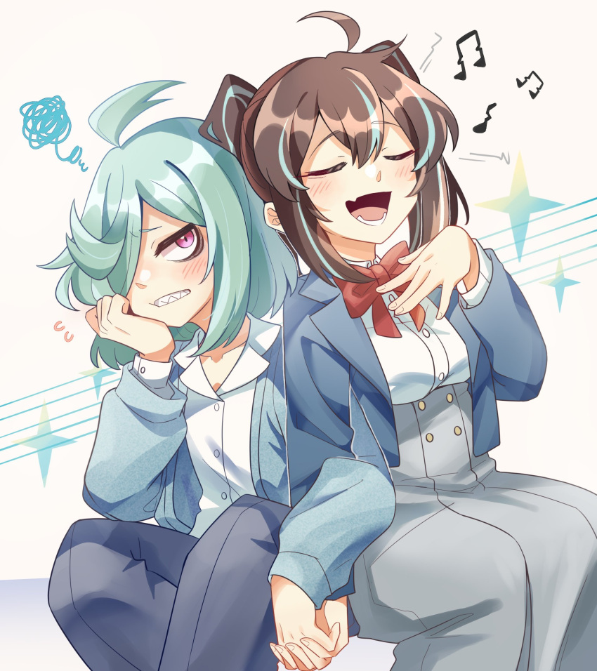 2girls, ahoge, akoya_matama, anemo_nemo, blush, bow, bowtie, brown_hair