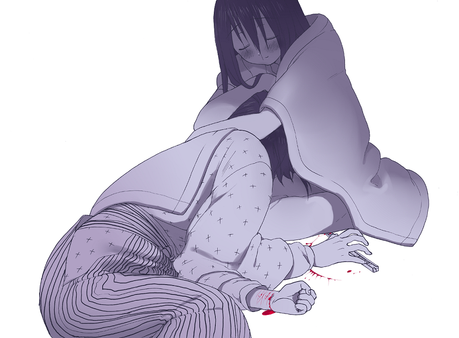 blanket, blood, blush, itoshiki_nozomu, japanese_clothes, kimono, komori_kiri, long_hair, momo_uzura, monochrome, sayonara_zetsubou_sensei, wrist_cutting