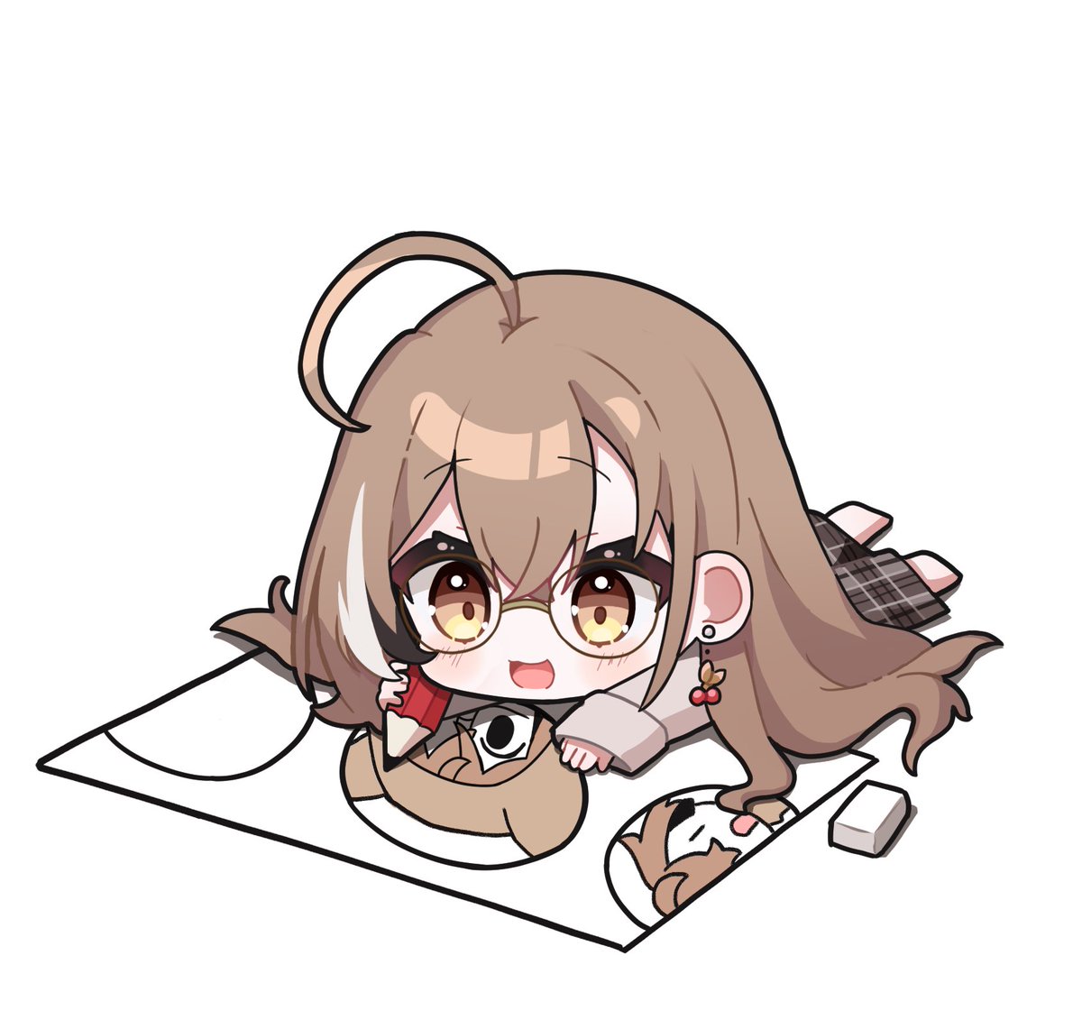 1girl, :d, ahoge, berry, brown_eyes, brown_hair, brown_hoodie, brown_skirt