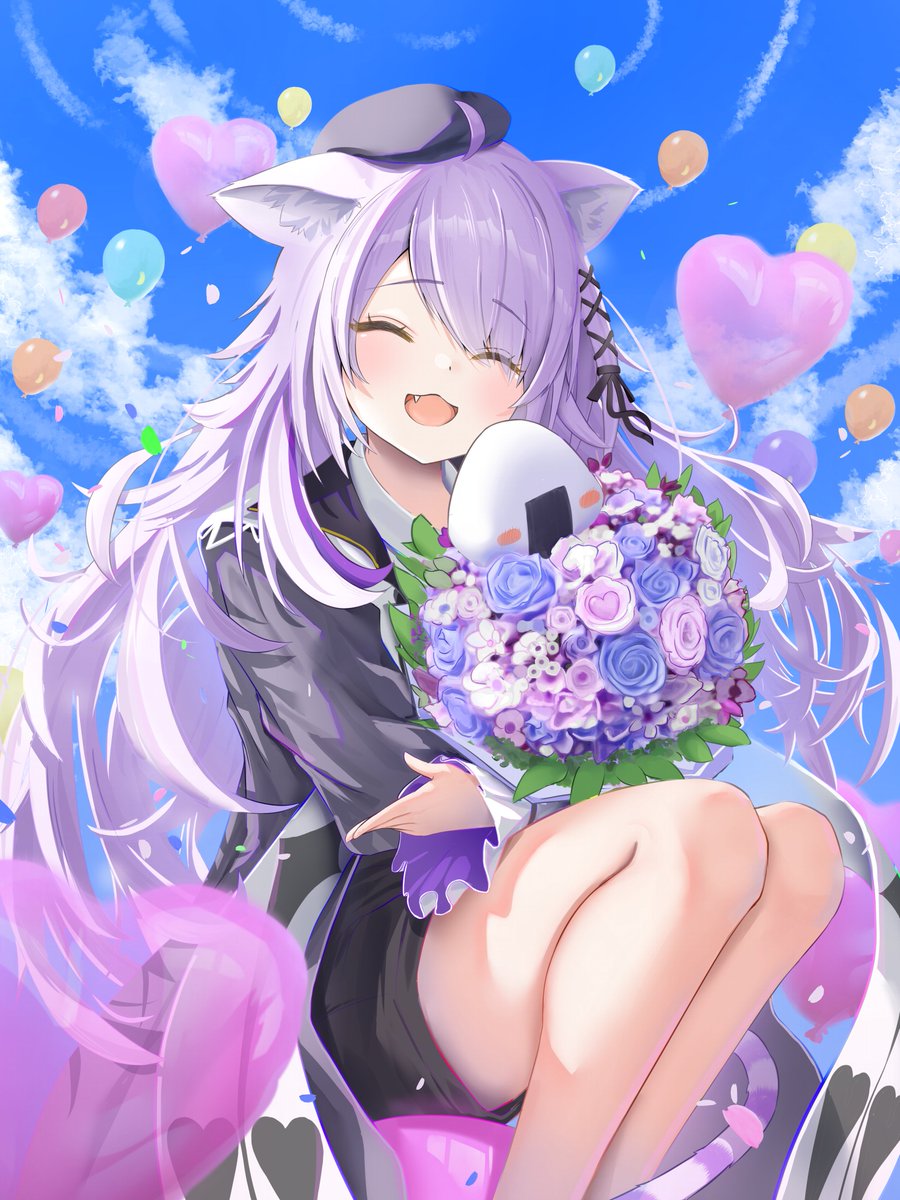 1girl, animal_ear_fluff, animal_ears, beret, blush, bouquet, cat_ears, cat_girl