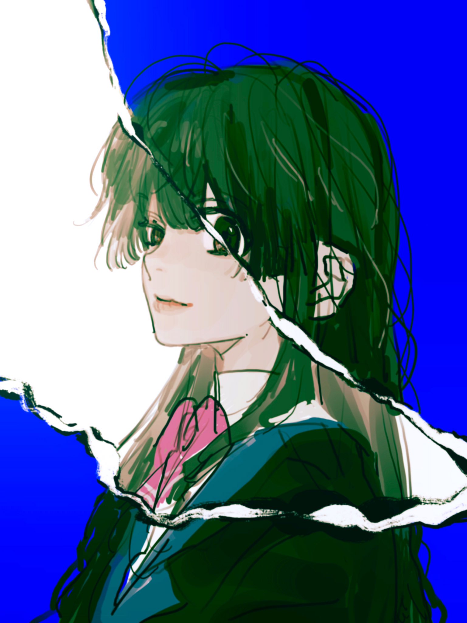 2girls, alternate_hair_color, black_eyes, blazer, blue_background, blue_jacket, bow, bowtie