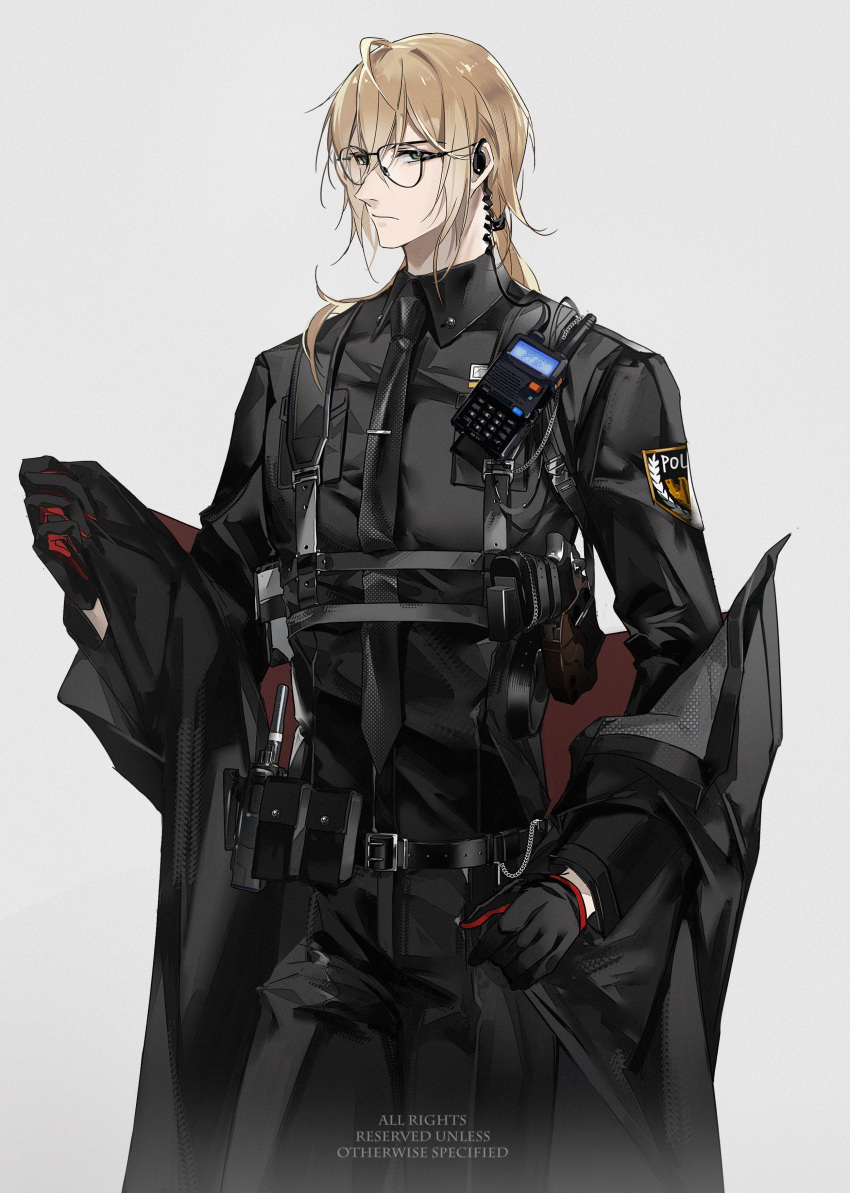 1boy, absurdres, alkaid_mcgrath, belt, belt_buckle, belt_pouch, bespectacled, black-framed_eyewear, black_belt, black_gloves, black_jacket, black_pants, black_shirt, blonde_hair, breast_pocket, buckle, chinese_commentary, closed_mouth, collared_shirt, cowboy_shot, earpiece, glasses, gloves, green_eyes, grey_background, gun, hair_between_eyes, handgun, highres, holster, jacket, jacket_partially_removed, jiuchuansi, long_sleeves, looking_at_viewer, lovebrush_chronicles, male_focus, medium_hair, necktie, pants, pocket, police, pouch, red_gloves, serious, shirt, shoulder_holster, sideways_glance, simple_background, solo, standing, tie_clip, two-tone_gloves, undressing, walkie-talkie, weapon