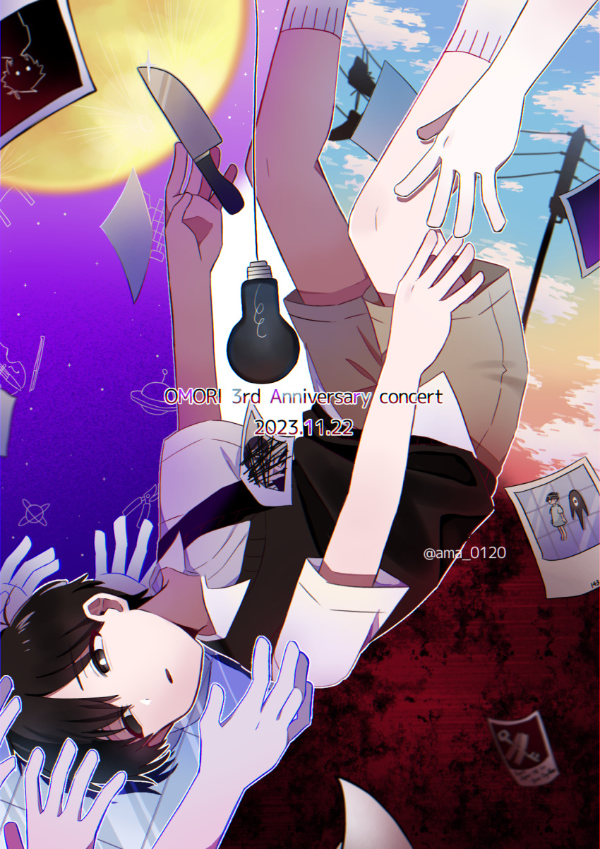 1boy, amane_(ama_yzk00), anniversary, antenna_hair, black_eyes, black_hair, black_sweater_vest, blue_sky
