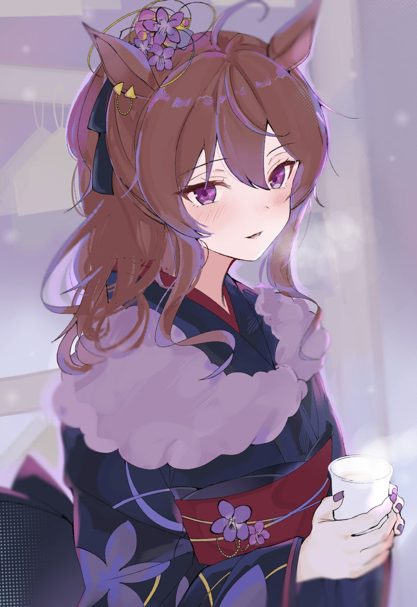 1girl, absurdres, animal_ears, blush, breasts, brown_hair, cup, flower