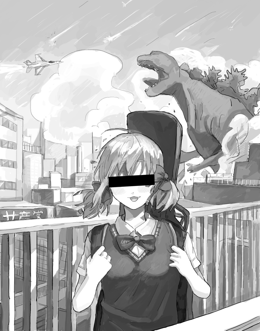 1girl, :3, absurdres, ahoge, aircraft, airplane, aruko_okara, bar_censor, blush, bow, bowtie, censored, city, collared_shirt, commentary_request, covered_eyes, crossover, destruction, dust_cloud, facing_viewer, fighter_jet, floating_hair, godzilla, godzilla_(series), greyscale, guitar_case, hair_bow, highres, identity_censor, instrument_case, instrument_on_back, jet, low_twintails, military_vehicle, monochrome, multiple_hair_bows, open_mouth, outdoors, railing, school_uniform, shirt, short_sleeves, short_twintails, solo, sweater_vest, tokumei_radio, twintails, upper_body, virtual_youtuber, wai_(aya-hsn-149), wind