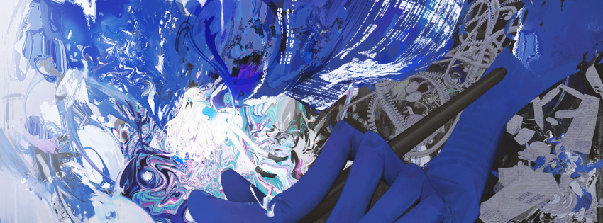 1girl, abstract_background, absurdres, blue_dress, blue_flower, blue_hair, boots, closed_eyes