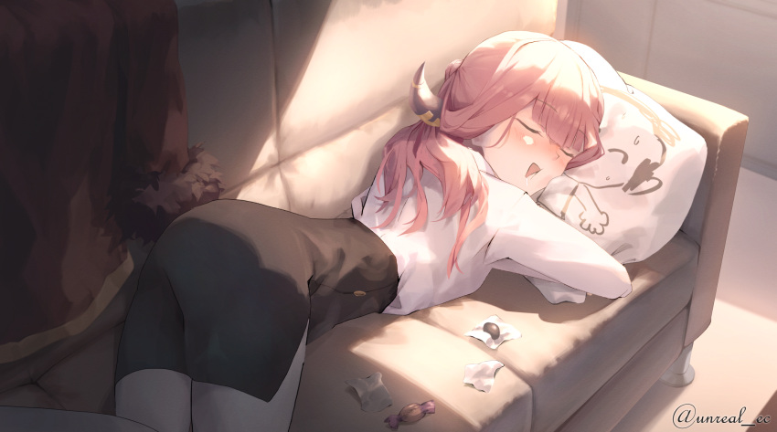 1girl, aru_(blue_archive), black_skirt, blue_archive, blush, candy_wrapper, closed_eyes, coat