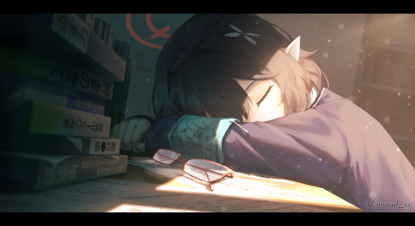 1girl, armband, ayane_(blue_archive), black_hair, blue_archive, blue_armband, blue_jacket, book, book_stack, closed_eyes, hair_between_eyes, hair_ornament, halo, head_on_arm, head_on_table, highres, indoors, jacket, long_sleeves, poi, red-framed_eyewear, shadow, sleeping, solo, sunlight, twitter_username, unreal_es, unworn_eyewear
