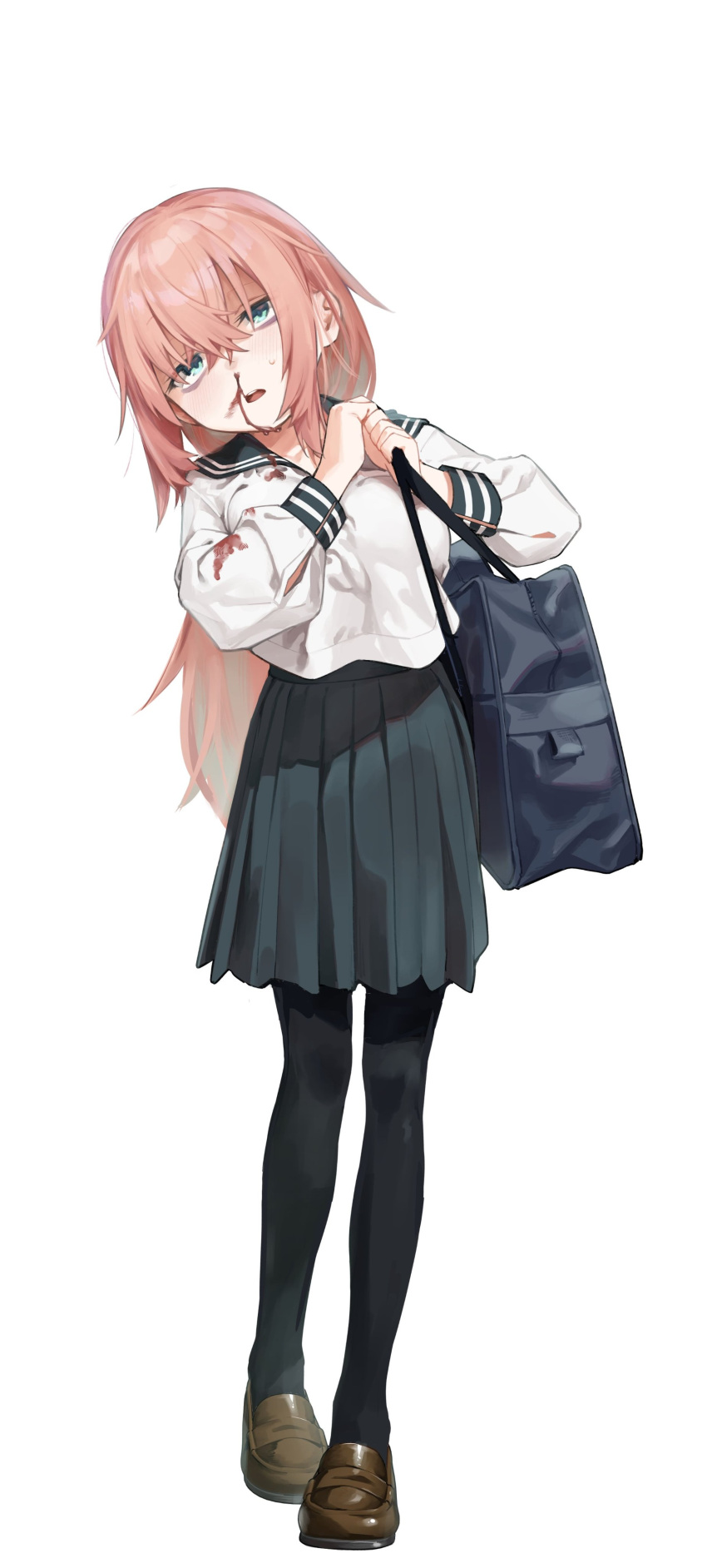 1girl, :o, absurdres, bag, black_pantyhose, black_skirt, blood, blood_on_clothes, blood_on_face, full_body, green_eyes, highres, komaro-chan, loafers, long_hair, long_sleeves, looking_at_viewer, muchi_maro, muchimaro-chan, nosebleed, official_art, open_mouth, pantyhose, pink_hair, sailor_collar, school_uniform, second-party_source, seitokai_nimo_anawa_aru!, shirt, shoes, shoulder_bag, simple_background, skirt, solo, white_background, white_shirt