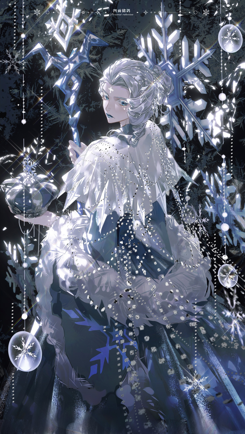 1girl, absurdres, blue_cape, blue_dress, blue_eyes, blue_lips, cape, capelet