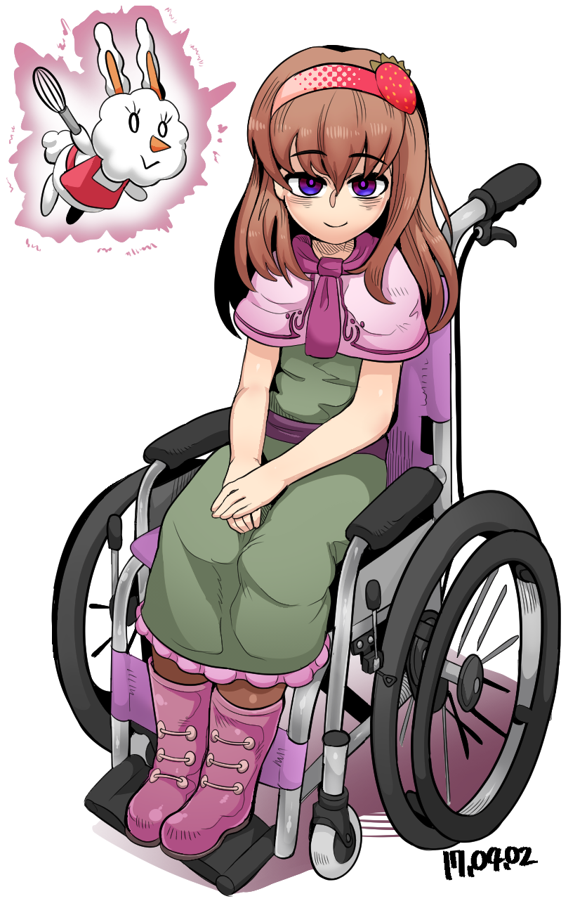 1girl, aura, blush, boots, brown_hair, capelet, closed_mouth, commentary_request, cookie_(touhou), dated, dress, fluffy_fluffy_rabbit-chan, food-themed_hair_ornament, full_body, green_dress, hair_between_eyes, hair_ornament, hairband, highres, ichigo_(cookie), long_hair, looking_at_viewer, medium_bangs, necktie, pink_capelet, pink_footwear, purple_necktie, purple_sash, red_hairband, sash, simple_background, sitting, smile, solo, strawberry_hair_ornament, stuffed_animal, stuffed_rabbit, stuffed_toy, tetugakuzonbi, violet_eyes, wheelchair, white_background