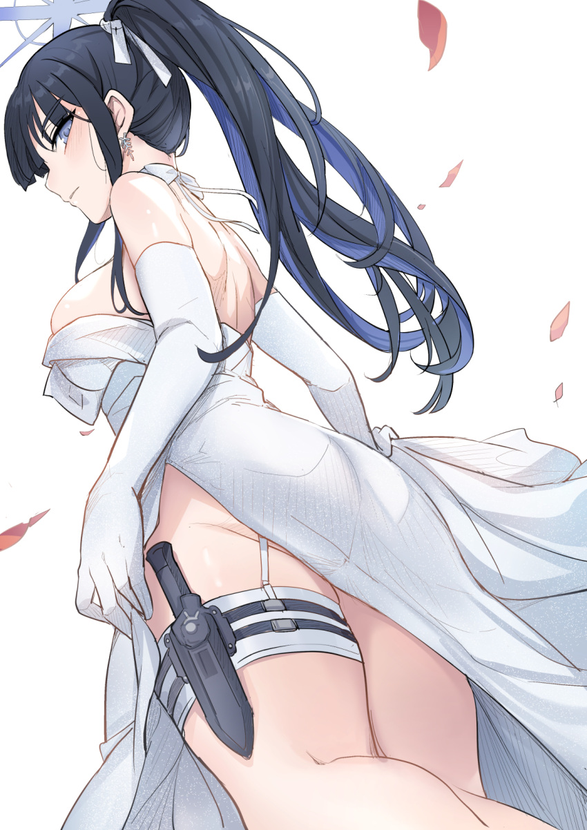 1girl, ass, blue_archive, blue_halo, choker, colored_inner_hair, dress, elbow_gloves