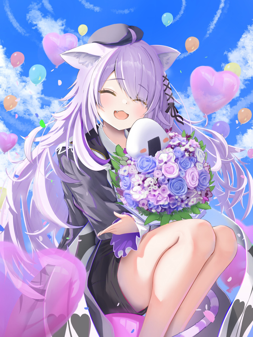 1girl, :d, absurdres, ahoge, animal_ear_fluff, animal_ears, balloon, beret