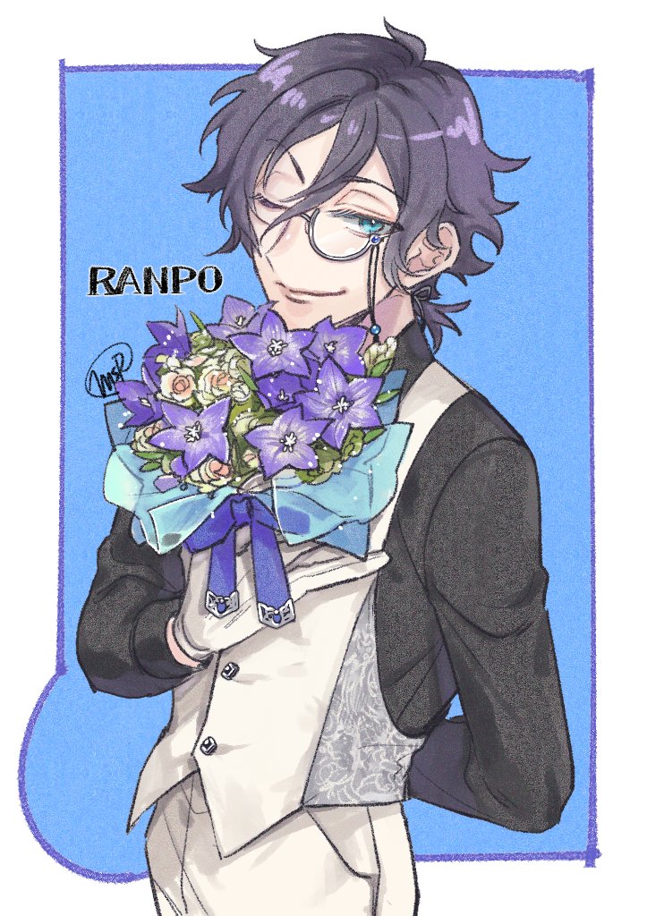 1boy, ;), arm_behind_back, bellflower, black_hair, black_shirt, blue_background, blue_eyes
