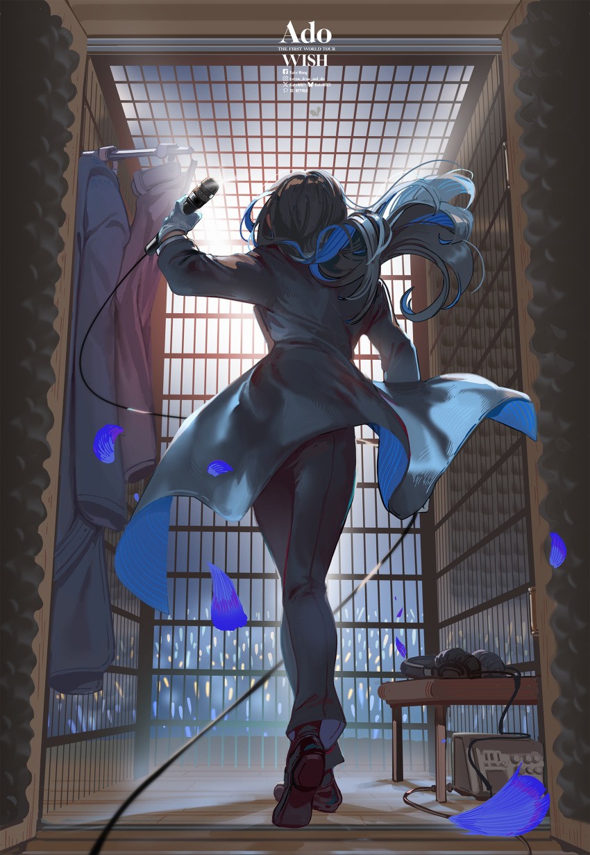 1girl, absurdres, acoustic_foam, ado_(utaite), audience, black_coat, black_footwear, black_hair, black_pants, blue_hair, bluesky_username, cable, cage, chando_(ado), character_name, cloud_nine_inc, coat, colored_inner_hair, commentary, english_commentary, facebook_username, falling_petals, floating_hair, from_behind, full_body, glowstick, headphones, highres, holding, holding_microphone, instagram_username, kate_wong, long_hair, long_sleeves, microphone, multicolored_hair, open_clothes, open_coat, pants, penlight_(glowstick), petals, pixiv_id, sidelocks, stage, standing, table, twitter_username, two-tone_hair, unworn_coat, utaite, walking