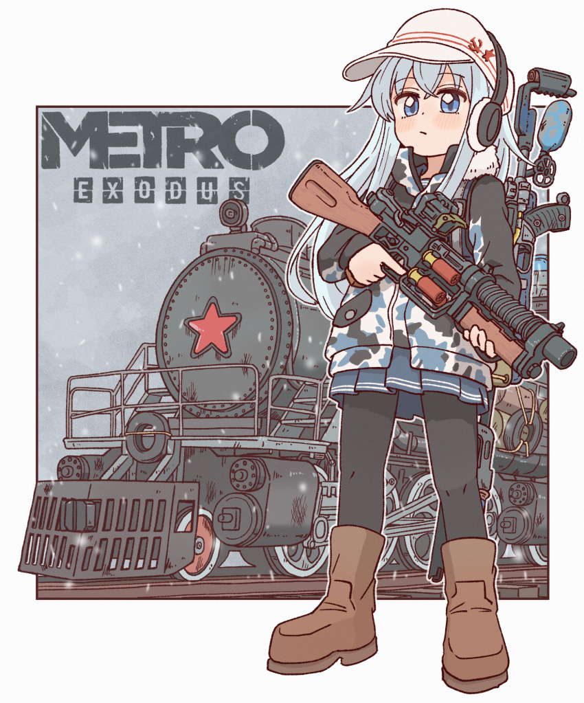 1girl, ammunition, black_pantyhose, blue_eyes, blue_skirt, blush, bocchi-ya-nawi, boots