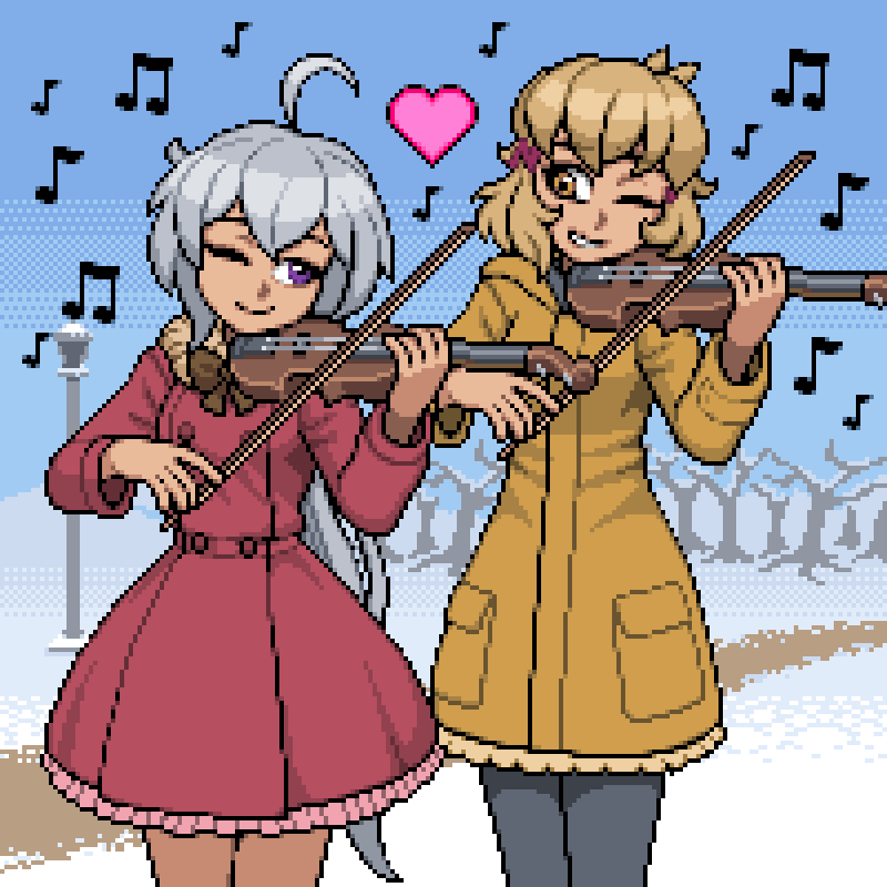 2girls, animated, animated_gif, blinking, brown_eyes, guilhermerm, instrument, long_hair