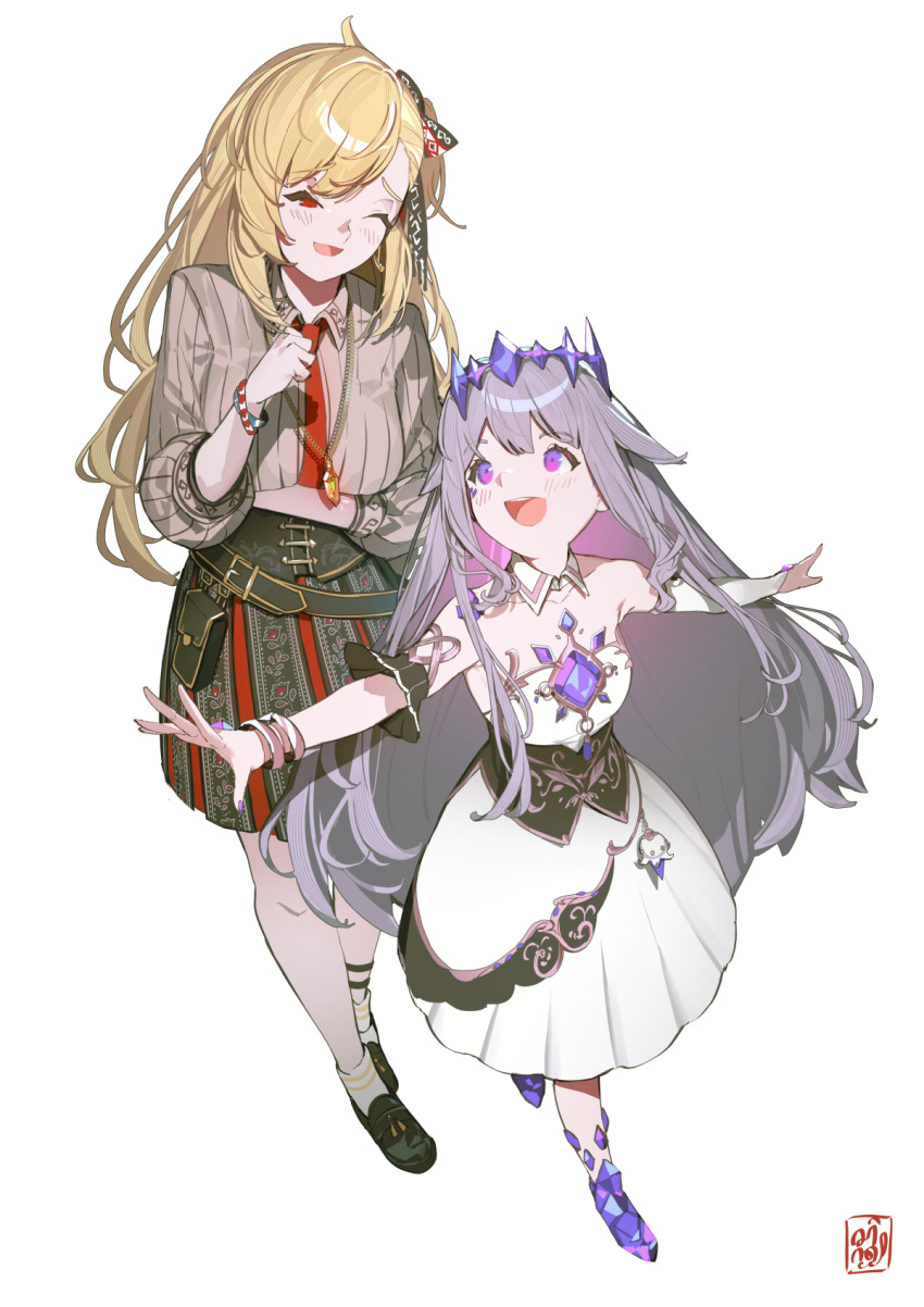 2girls, :d, airplane_arms, arm_garter, arm_under_breasts, armlet, artist_logo, asymmetrical_bangs