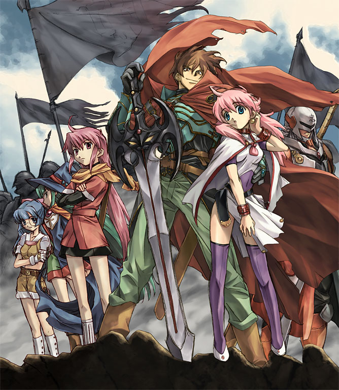 2boys, 4girls, armor, breasts, brown_hair, commentary_request, crossed_arms, earrings