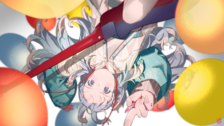 1girl, antenna_hair, arm_up, artist_logo, balloon, blue_eyes, blue_hair, blue_sleeves