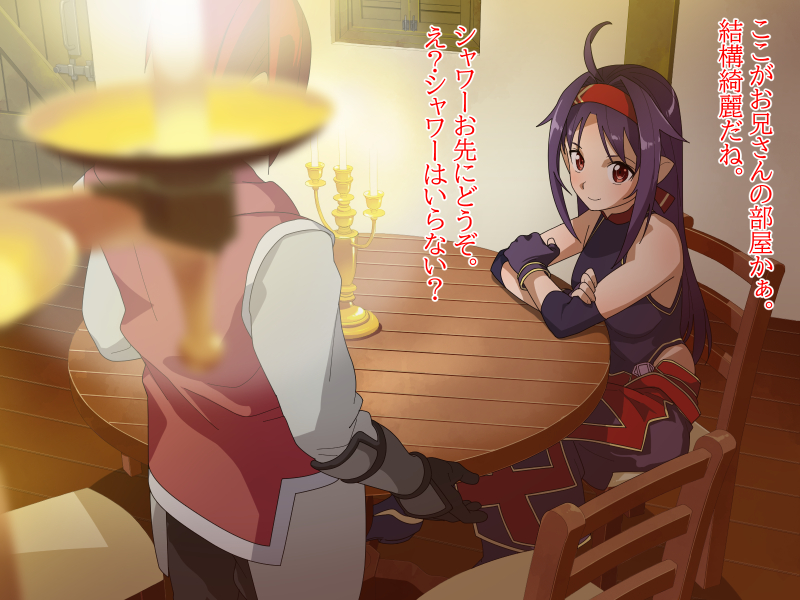 1boy, 1girl, ahoge, bare_shoulders, blurry, blurry_foreground, breasts, candle
