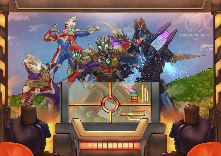 2boys, absurdres, alien, armor, battle, bodysuit, clenched_hands, color_timer, extra_arms, fighting, glowing, glowing_eyes, grey_bodysuit, highres, humanoid_robot, joints, kicking, mecha, monster, multiple_boys, no_nipples, no_pupils, original, pov, robot, robot_joints, terraphaser, tokusatsu, tokusatsushima, ultra_series, ultraman_(1st_series), ultraman_decker, ultraman_decker_(series), ultraman_trigger, ultraman_trigger_(series), weapon, yellow_eyes