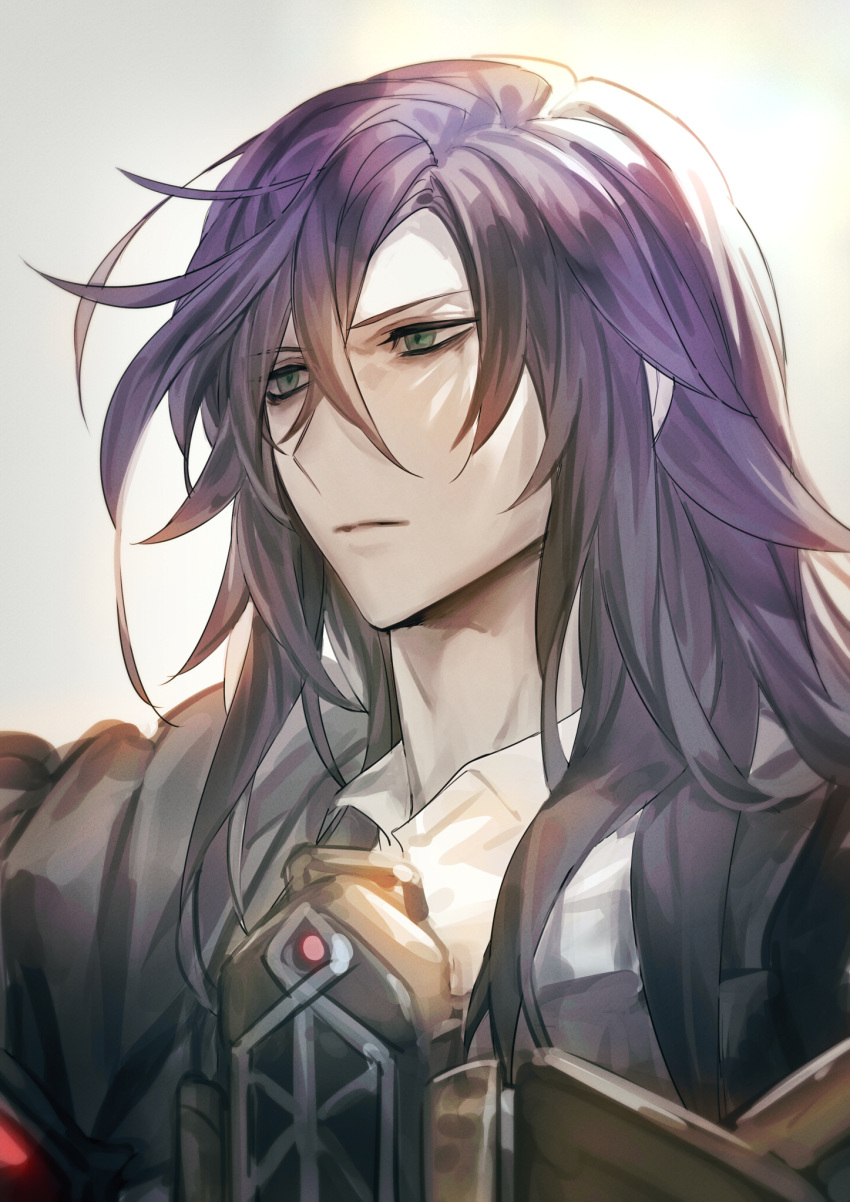 1boy, black_jacket, duel_monster, expressionless, eyeshadow, green_eyes, highres, jacket, long_hair, longirsu_the_orcust_orchestrator, makeup, male_focus, messy_hair, ningirsu_(yu-gi-oh!), portrait, purple_hair, solo, upper_body, vulture_(washizu0808), white_background, yu-gi-oh!